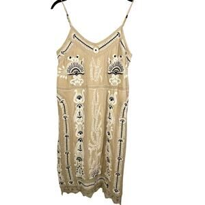 Anthropologie Maeve, Size XS, Tan w/Black & White Embroidered Slip Dress, Boho